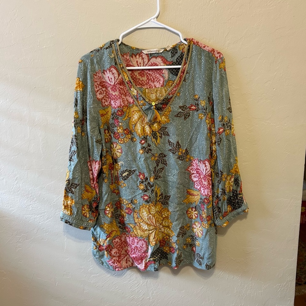 Soft Surroundings Floral Boho Beaded V Neck Blouse
